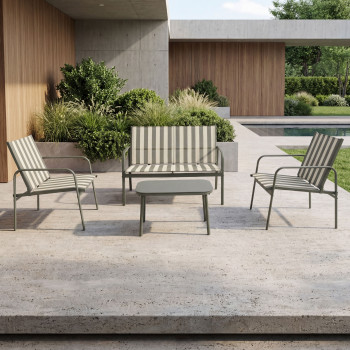 Kallia - Salon de jardin 1 canapé, 2 fauteuils, 1 table basse à rayures et métal