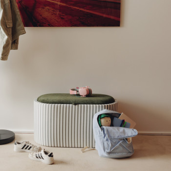 Zoé - Banc ovale en tissu avec plateau et rangement L77cm