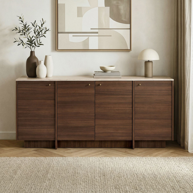 Hopa - Buffet 4 portes plateau effet travertin et bois L180cm