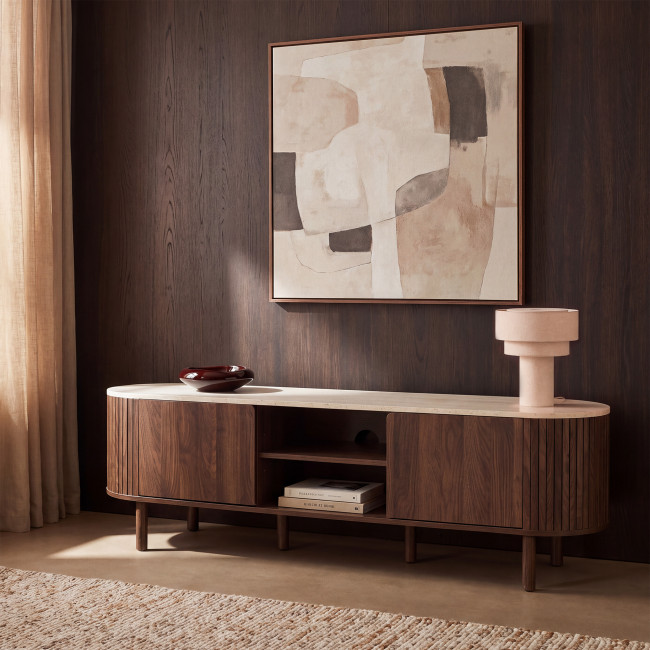 Alma - Meuble TV 2 portes en bois effet travertin L160cm