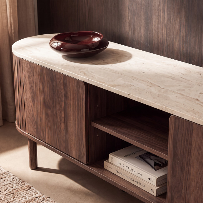 Alma - Meuble TV 2 portes en bois effet travertin L160cm